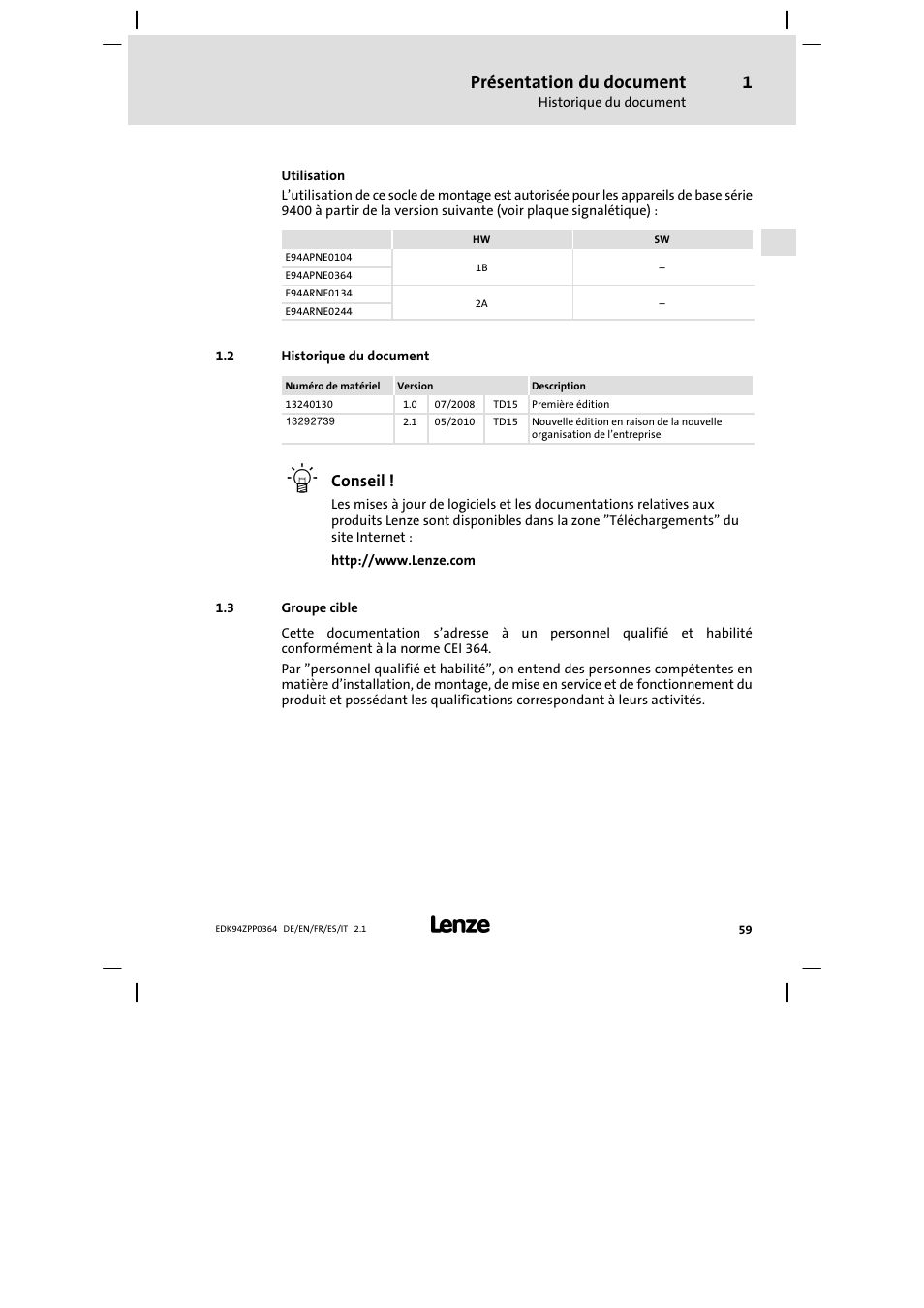 2 historique du document, 3 groupe cible, Présentation du document | Conseil | Lenze E94AZPP User Manual | Page 59 / 134