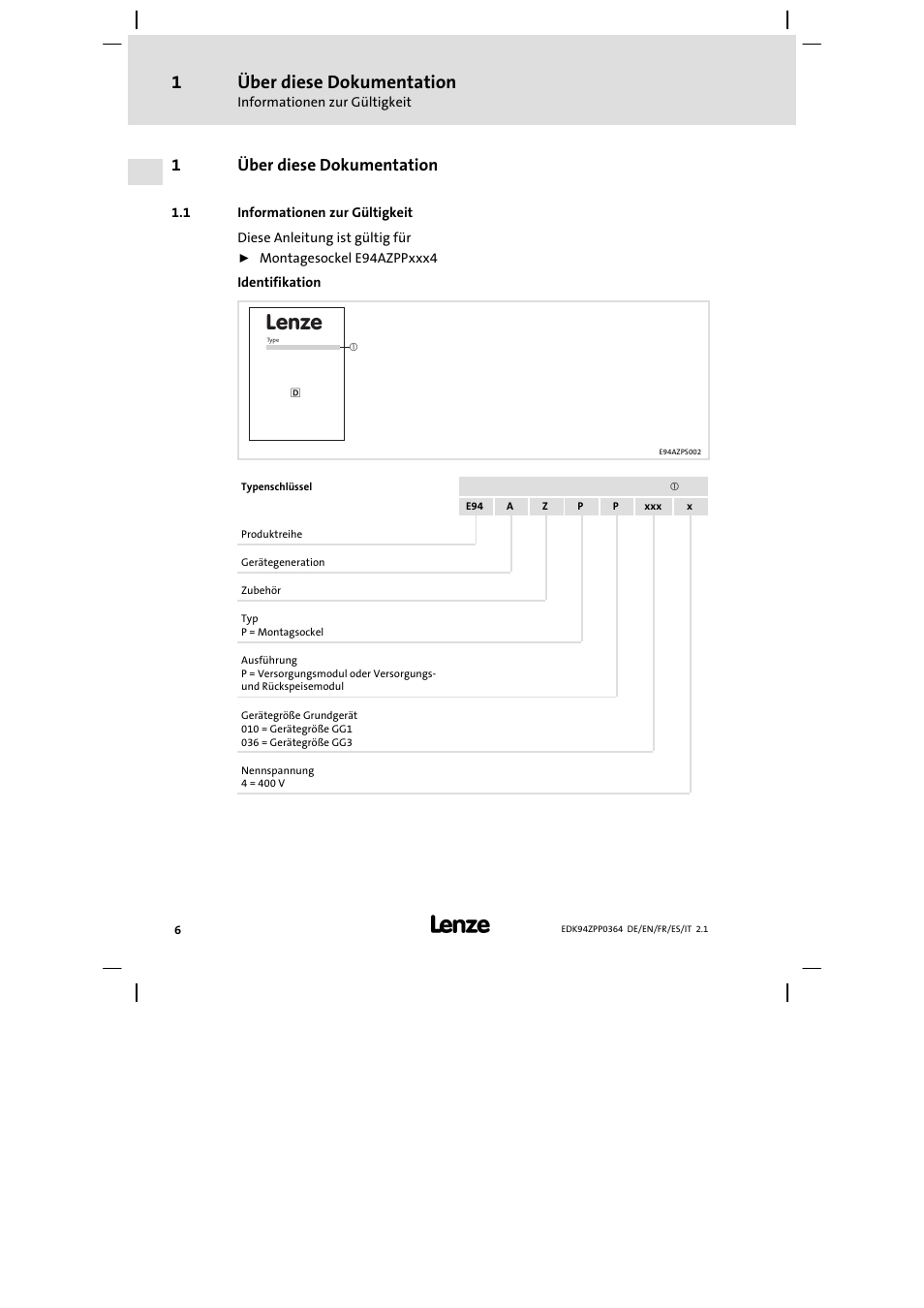 1 über diese dokumentation, 1 informationen zur gültigkeit, Lenze | Über diese dokumentation, 1über diese dokumentation | Lenze E94AZPP User Manual | Page 6 / 134