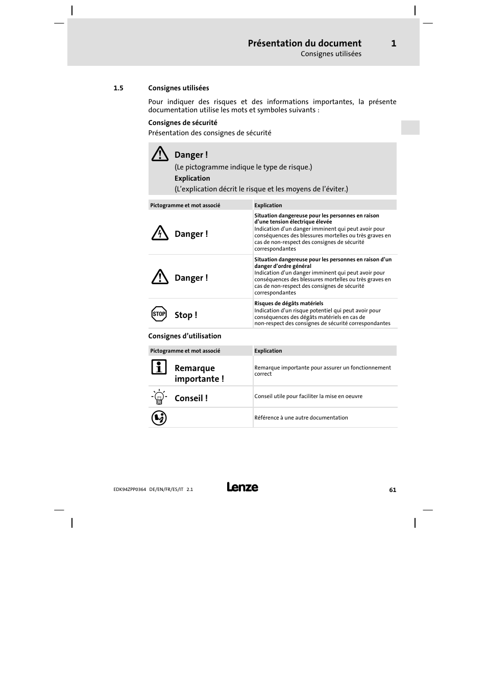 5 consignes utilisées | Lenze E94AZPP User Manual | Page 61 / 134