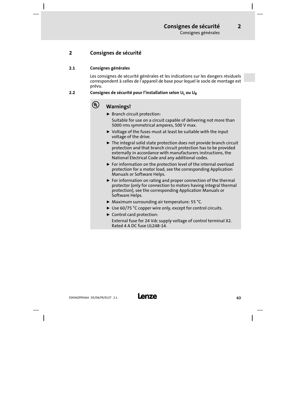 2 consignes de sécurité, 1 consignes générales, Consignes de sécurité | Lenze E94AZPP User Manual | Page 63 / 134