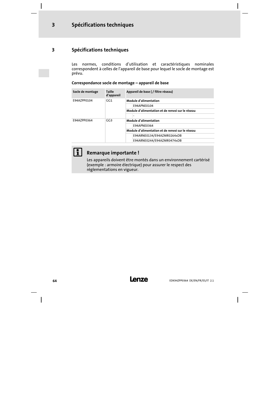 3 spécifications techniques, Spécifications techniques 3 | Lenze E94AZPP User Manual | Page 64 / 134