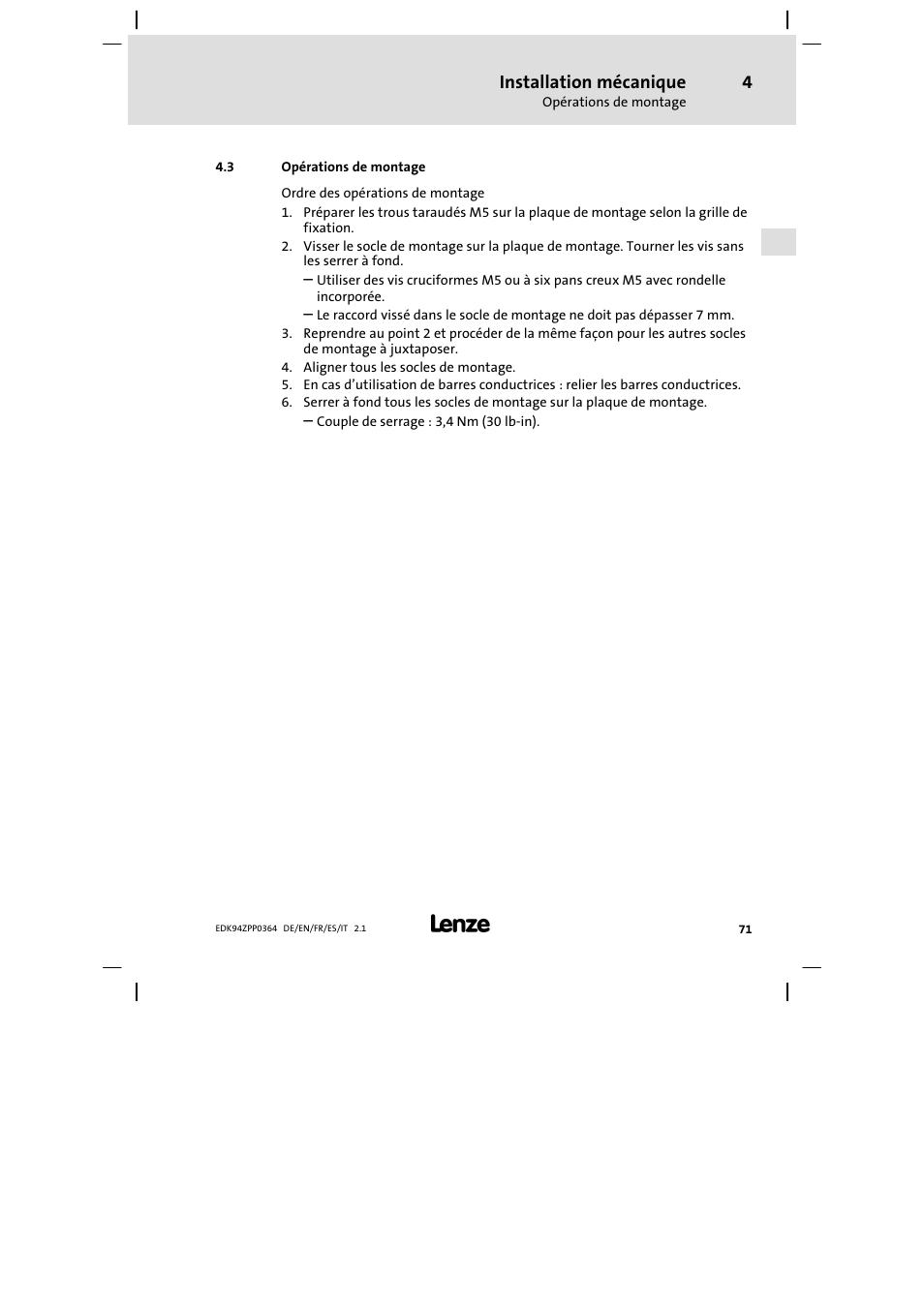 3 opérations de montage, Installation mécanique | Lenze E94AZPP User Manual | Page 71 / 134