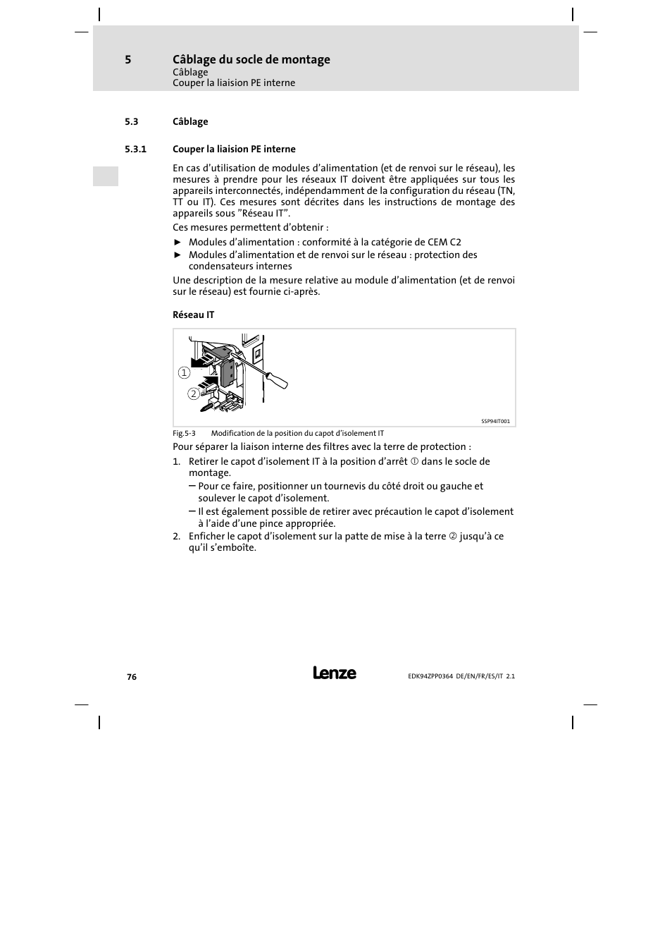 3 câblage, 1 couper la liaision pe interne | Lenze E94AZPP User Manual | Page 76 / 134