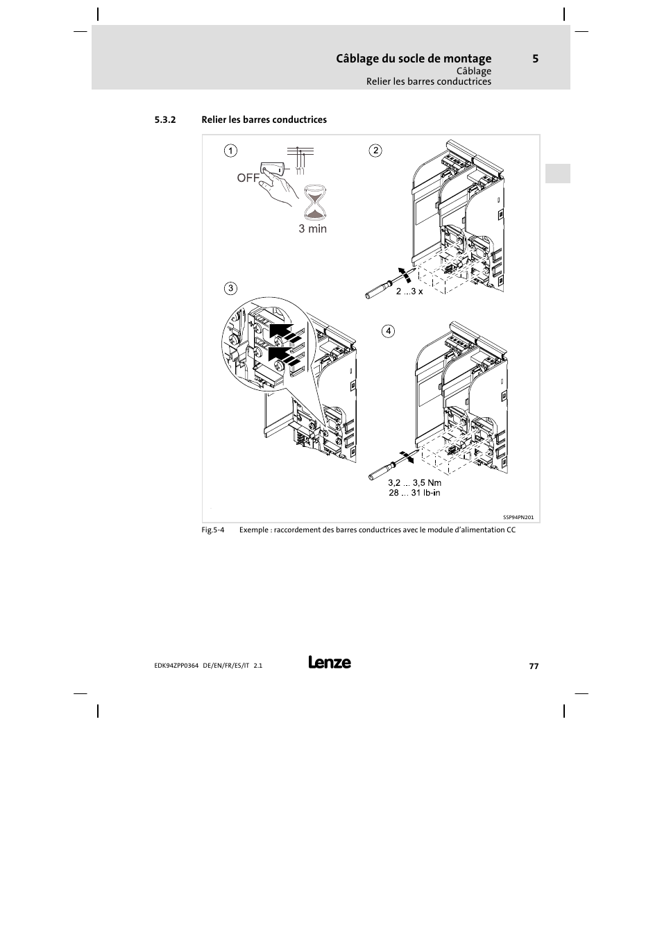 2 relier les barres conductrices, Câblage du socle de montage | Lenze E94AZPP User Manual | Page 77 / 134