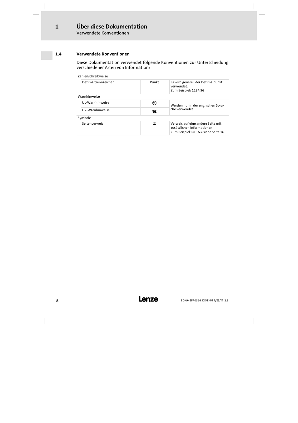 4 verwendete konventionen, Über diese dokumentation | Lenze E94AZPP User Manual | Page 8 / 134