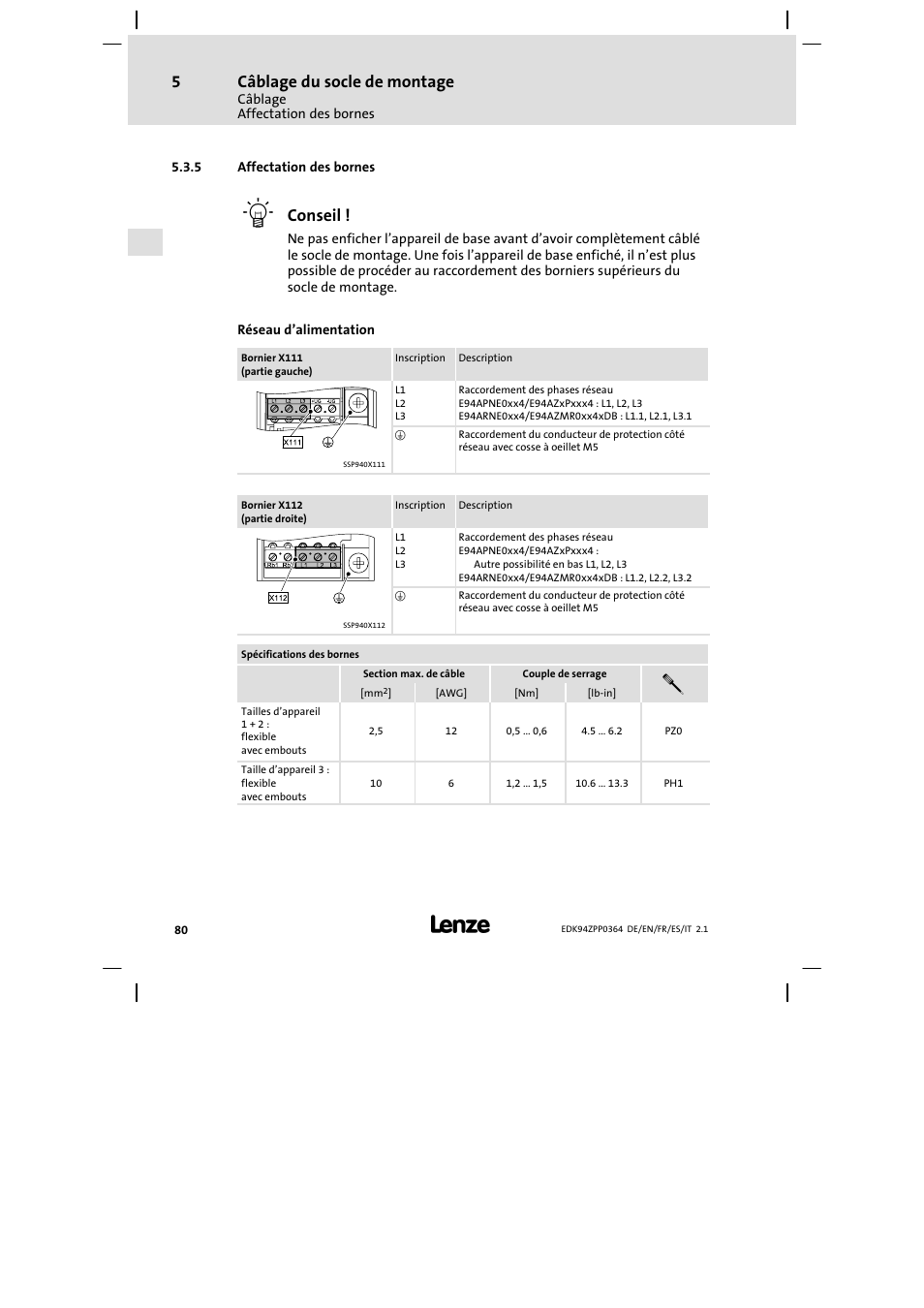 5 affectation des bornes, Câblage du socle de montage, Conseil | Lenze E94AZPP User Manual | Page 80 / 134