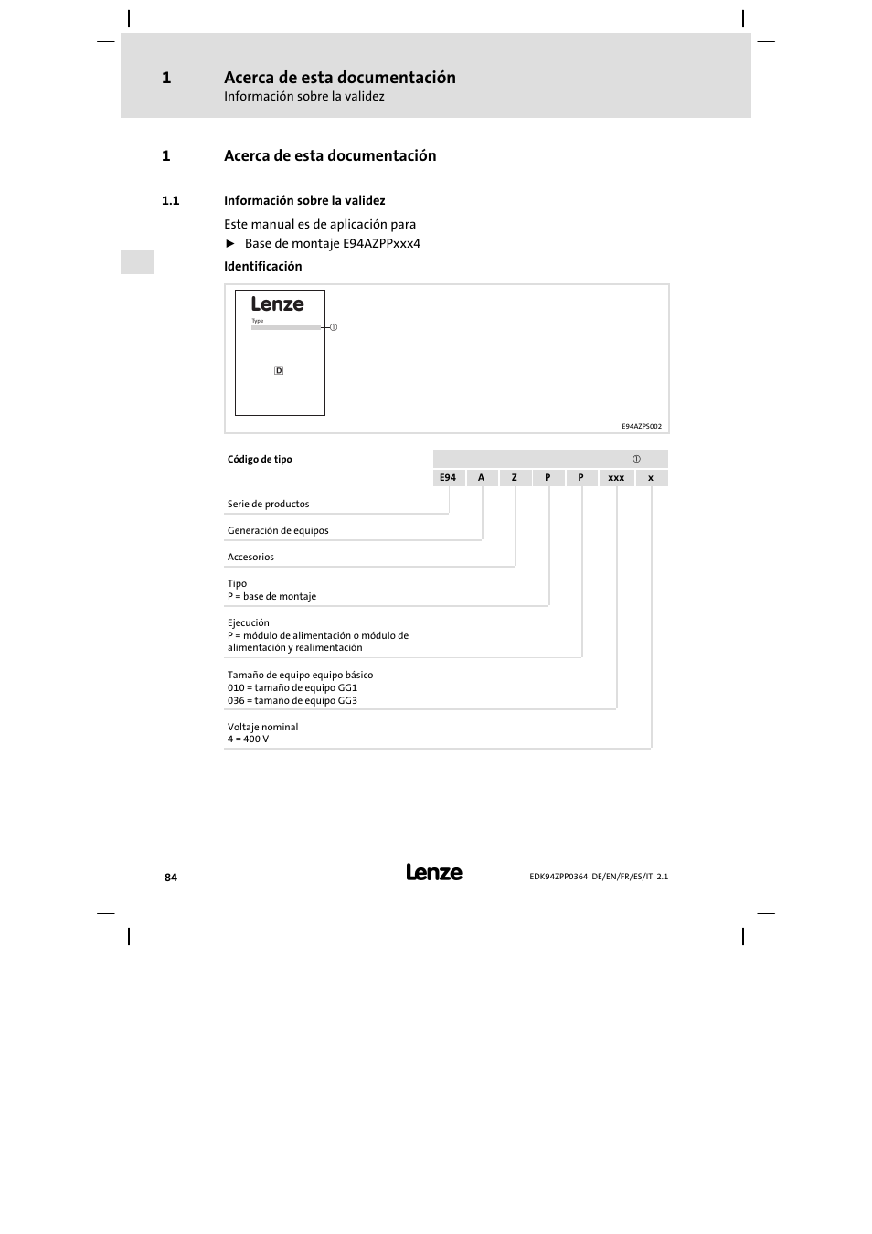 1 acerca de esta documentación, 1 información sobre la validez, Lenze | Acerca de esta documentación, 1acerca de esta documentación | Lenze E94AZPP User Manual | Page 84 / 134