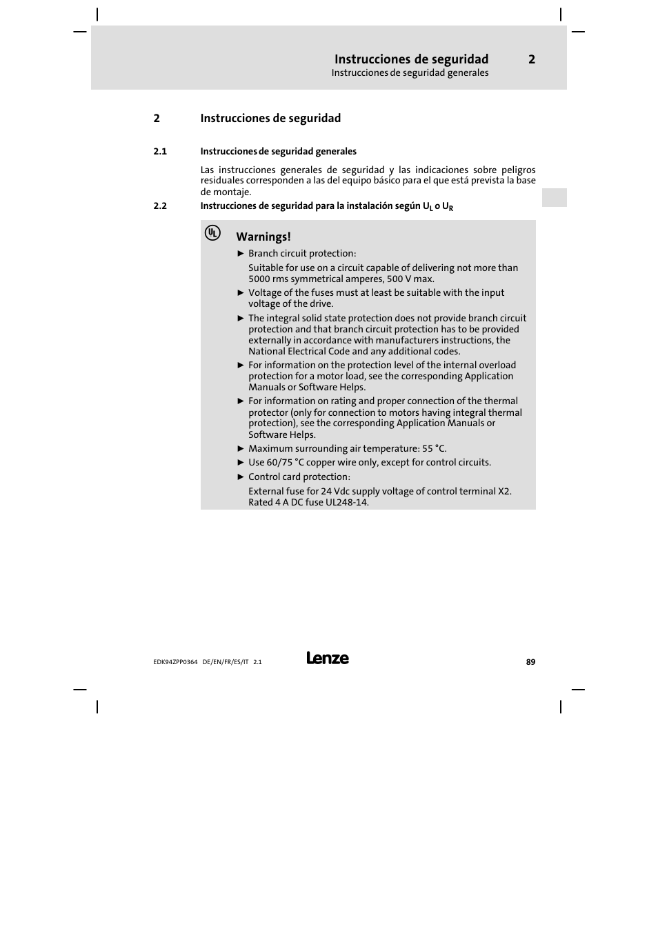 2 instrucciones de seguridad, 1 instrucciones de seguridad generales, Instrucciones de seguridad | Lenze E94AZPP User Manual | Page 89 / 134