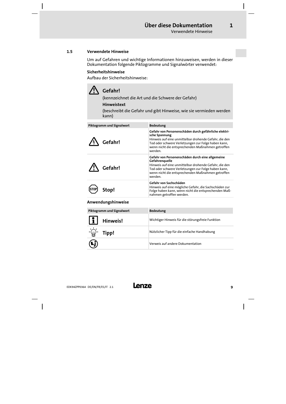 5 verwendete hinweise | Lenze E94AZPP User Manual | Page 9 / 134