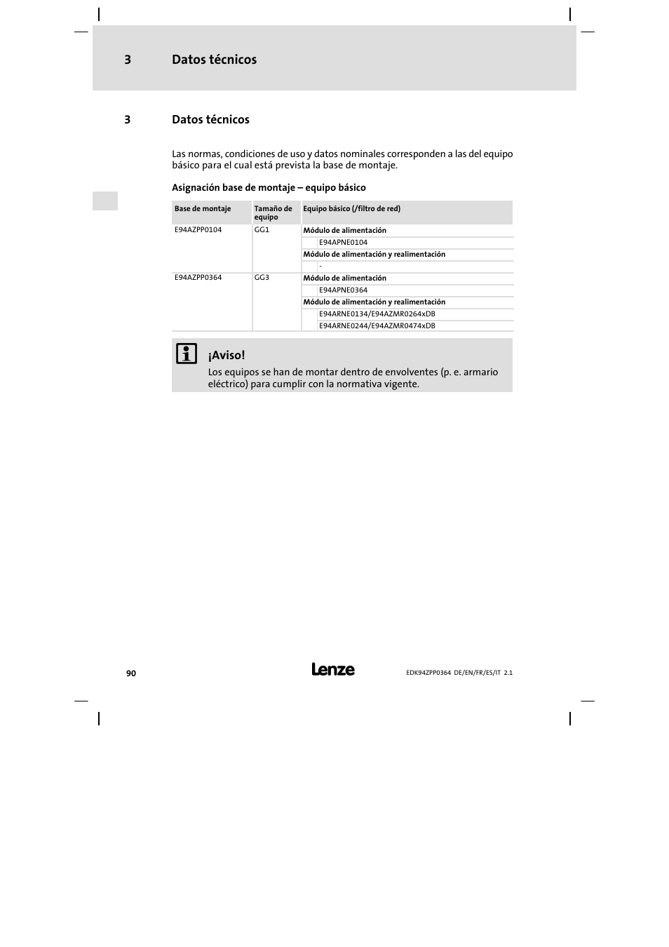 3 datos técnicos, Datos técnicos 3 | Lenze E94AZPP User Manual | Page 90 / 134