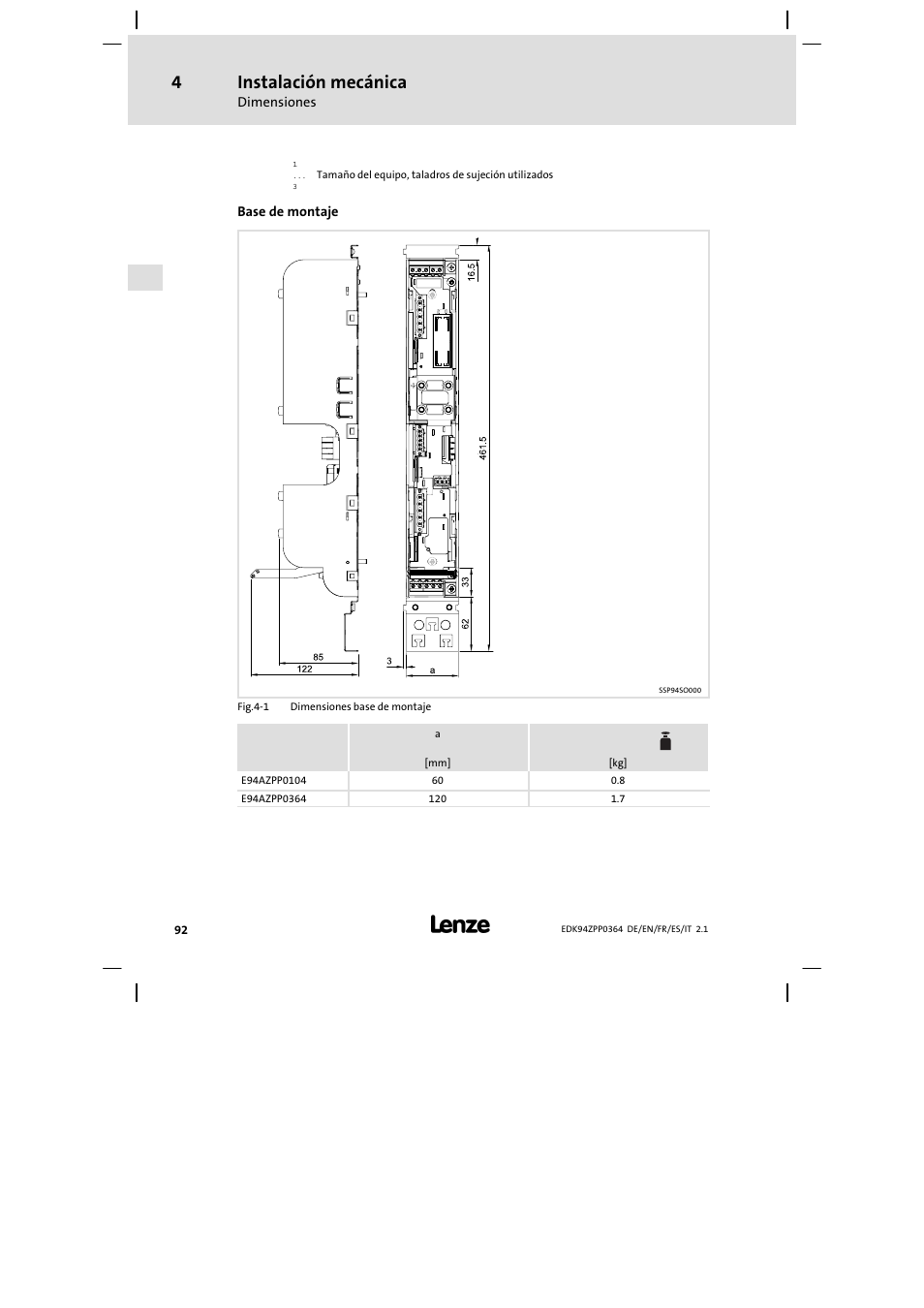 Instalación mecánica | Lenze E94AZPP User Manual | Page 92 / 134