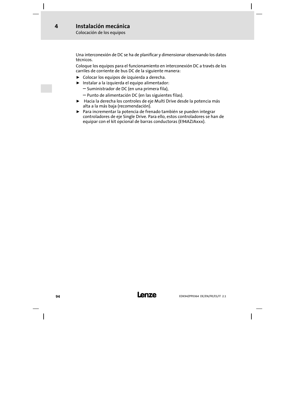 Instalación mecánica | Lenze E94AZPP User Manual | Page 94 / 134