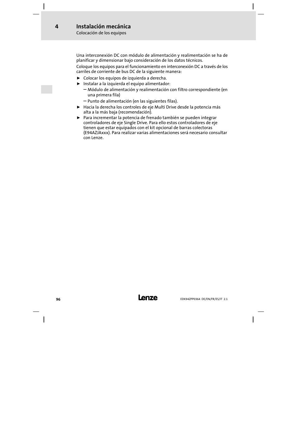 Instalación mecánica | Lenze E94AZPP User Manual | Page 96 / 134