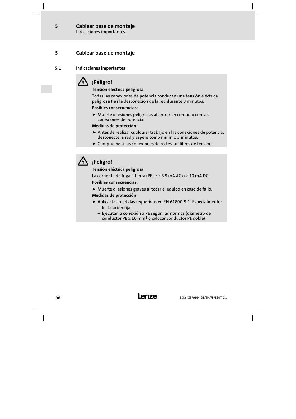 5 cablear base de montaje, 1 indicaciones importantes | Lenze E94AZPP User Manual | Page 98 / 134