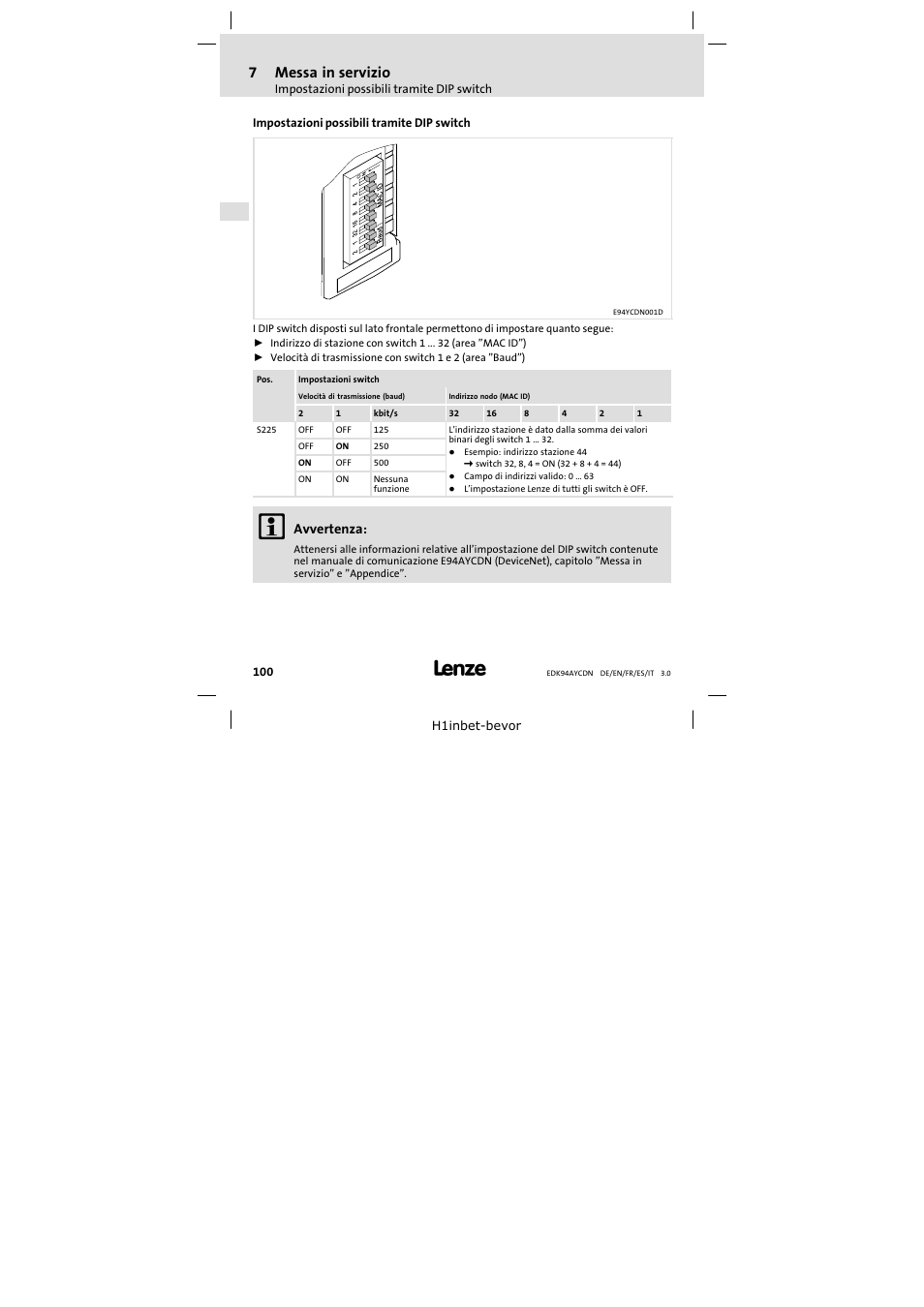 7 messa in servizio, Impostazioni possibili tramite dip switch, Messa in servizio | 7messa in servizio, Avvertenza | Lenze E94AYCDN User Manual | Page 100 / 104