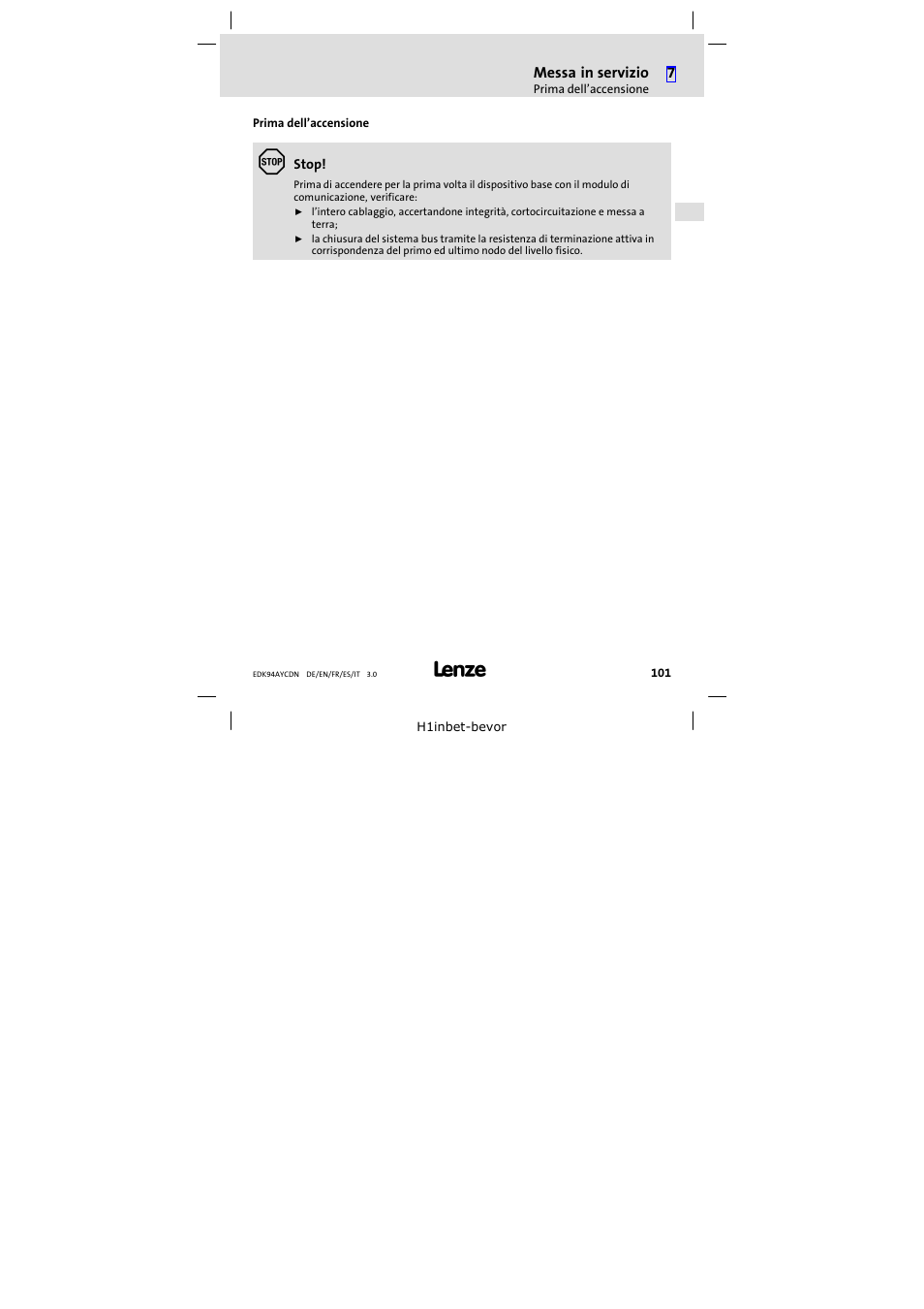 Prima dell'accensione, Prima dell’accensione | Lenze E94AYCDN User Manual | Page 101 / 104