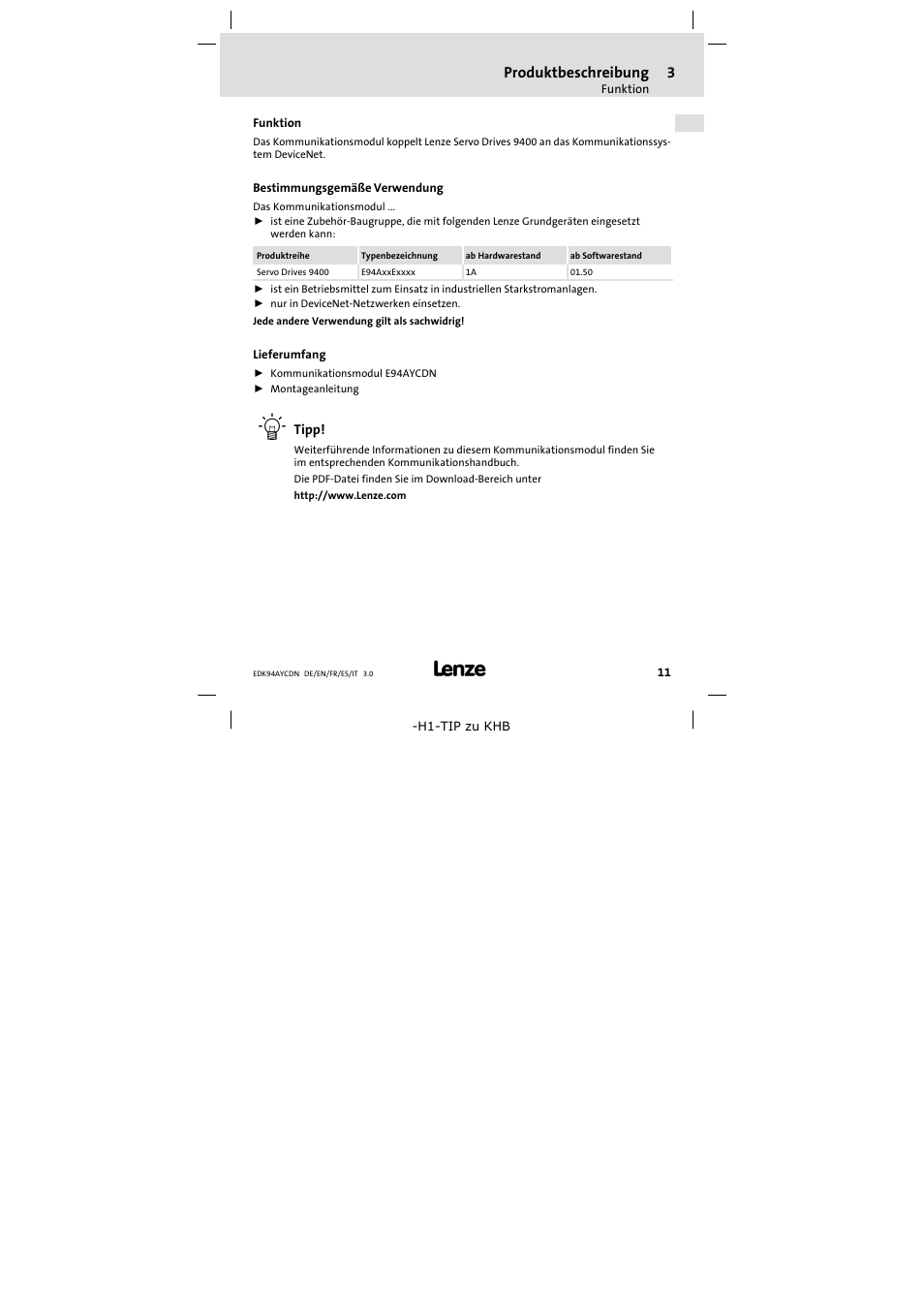 3 produktbeschreibung, Funktion, Bestimmungsgemäße verwendung | Lieferumfang, Produktbeschreibung 11, Produktbeschreibung | Lenze E94AYCDN User Manual | Page 11 / 104