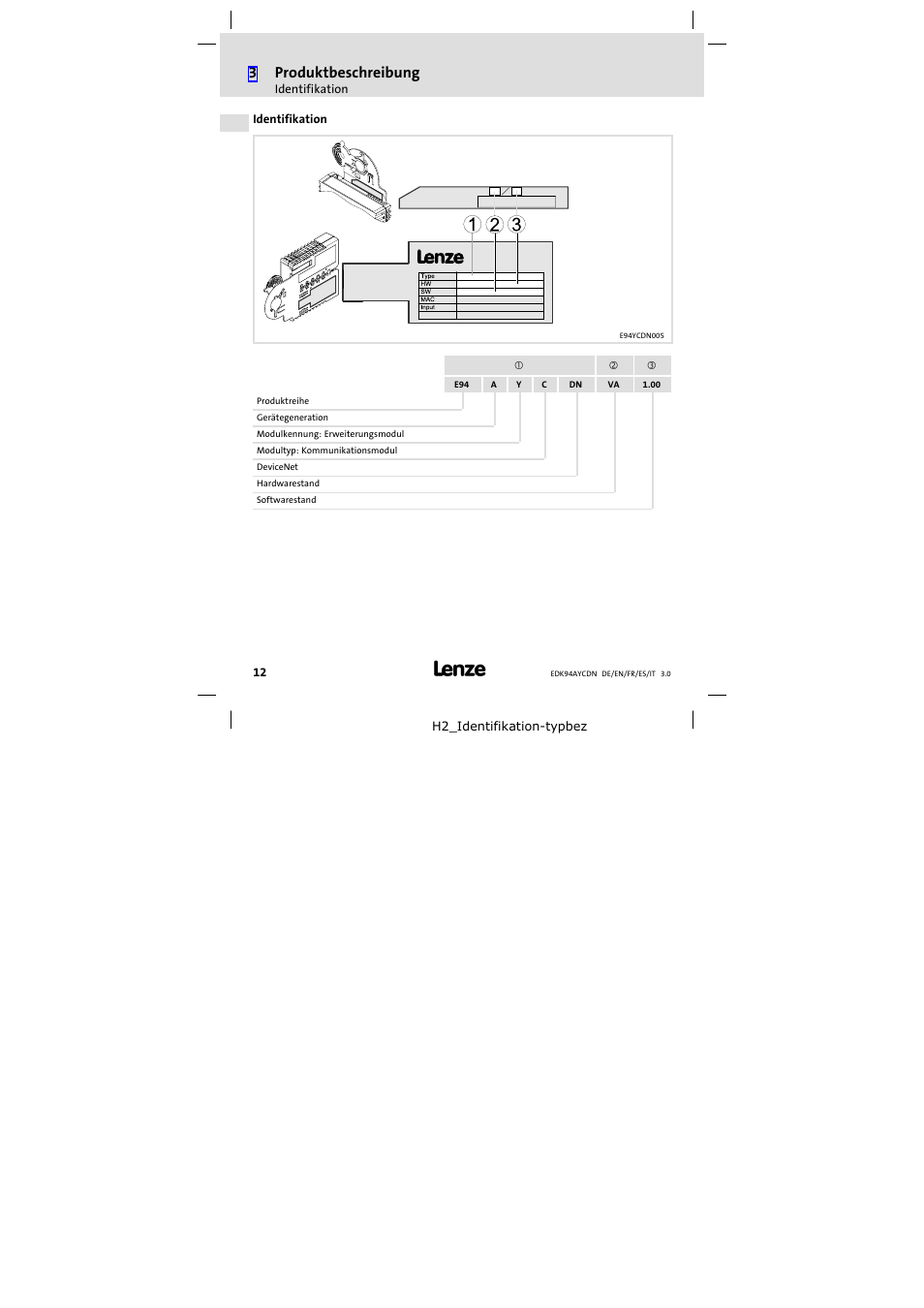 Identifikation, 3produktbeschreibung | Lenze E94AYCDN User Manual | Page 12 / 104