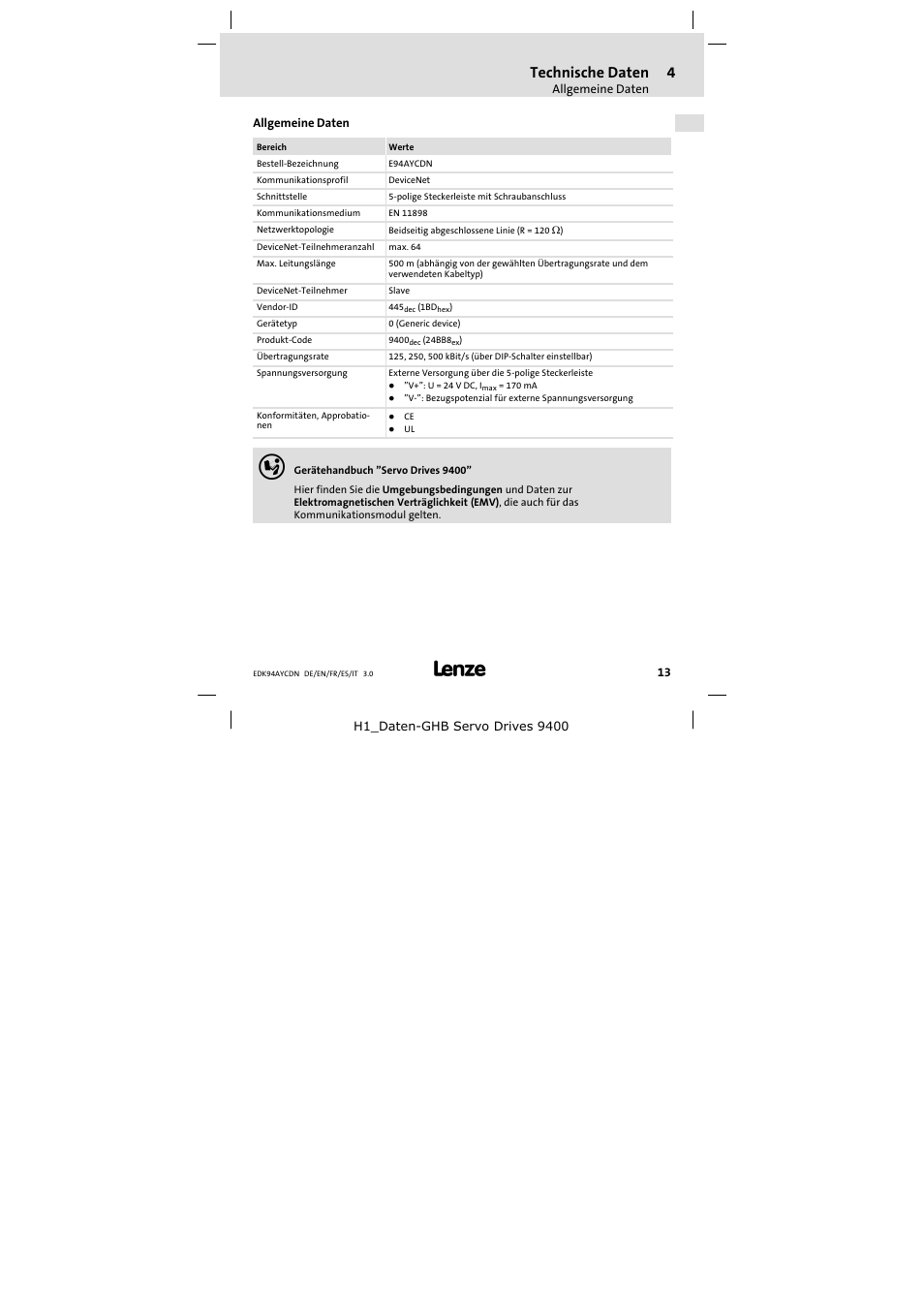 4 technische daten, Allgemeine daten, Technische daten | Lenze E94AYCDN User Manual | Page 13 / 104