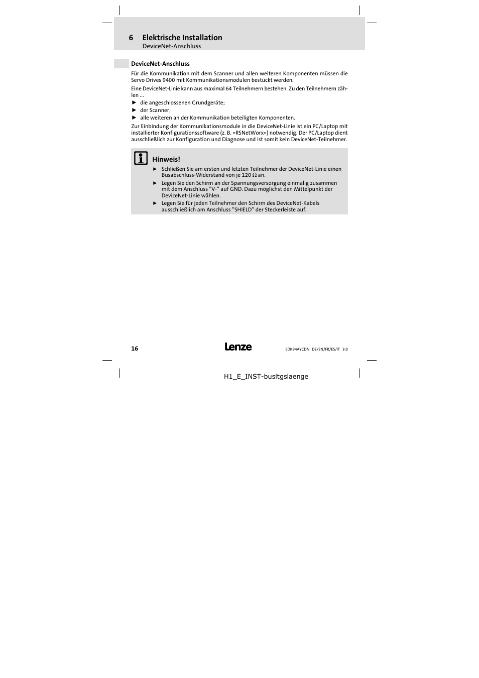 6 elektrische installation, Devicenet-anschluss, Elektrische installation | Devicenet−anschluss | Lenze E94AYCDN User Manual | Page 16 / 104