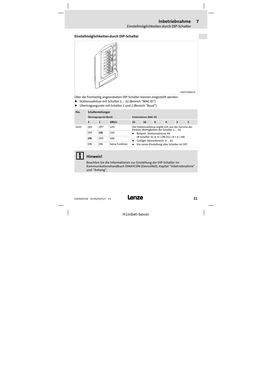 7 inbetriebnahme, Einstellmöglichkeiten durch dip-schalter, Inbetriebnahme | Einstellmöglichkeiten durch dip−schalter, Hinweis | Lenze E94AYCDN User Manual | Page 21 / 104