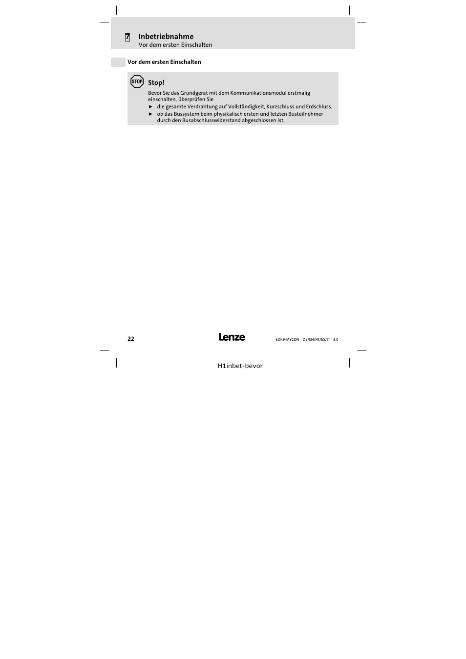 Vor dem ersten einschalten | Lenze E94AYCDN User Manual | Page 22 / 104