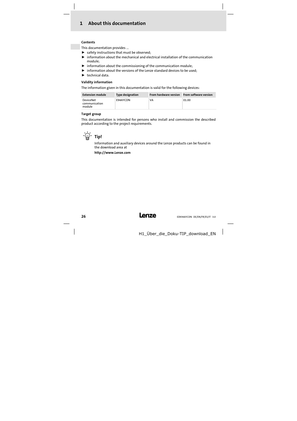 1 about this documentation, About this documentation, 1about this documentation | Lenze E94AYCDN User Manual | Page 26 / 104