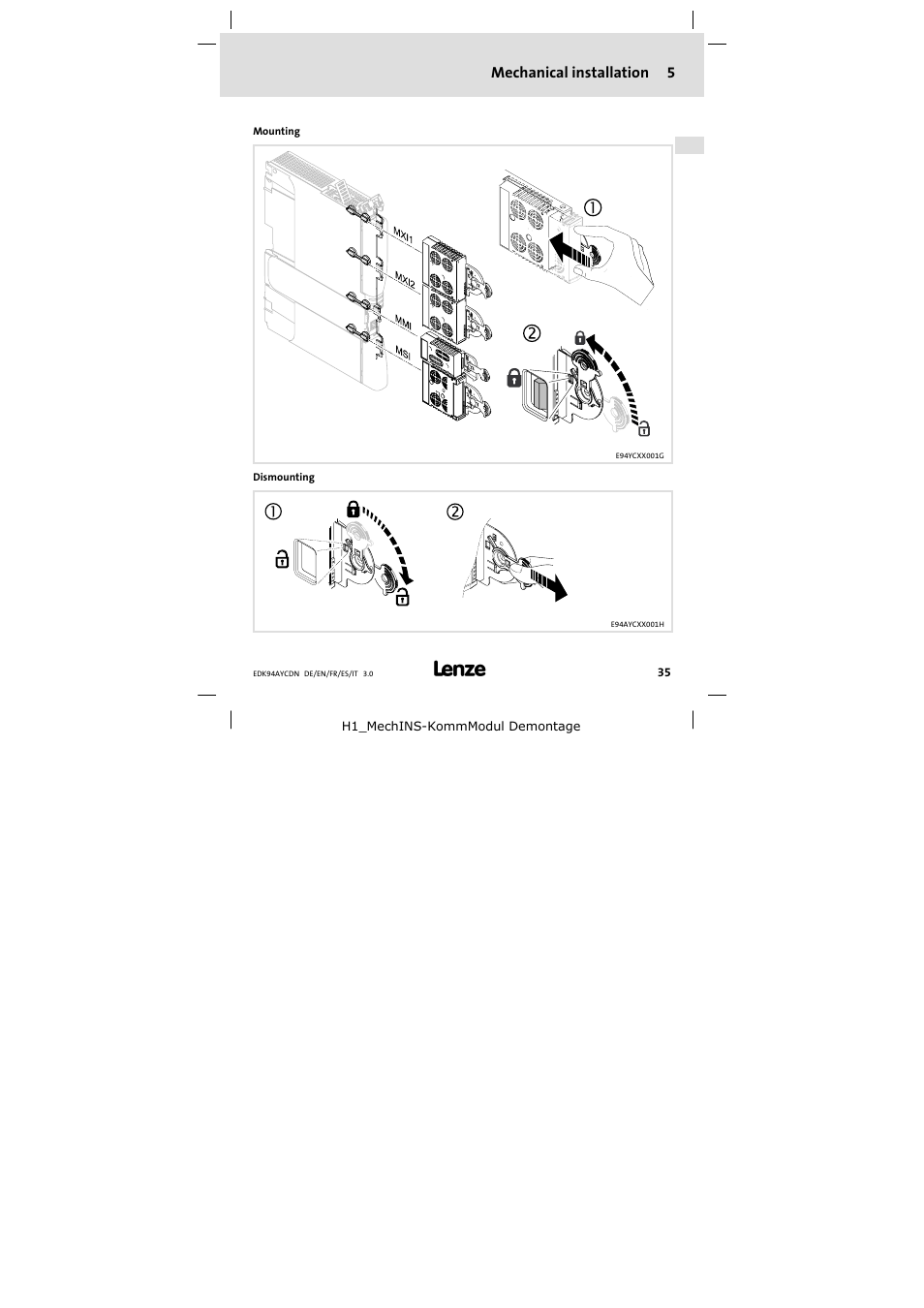 5 mechanical installation, Mechanical installation | Lenze E94AYCDN User Manual | Page 35 / 104