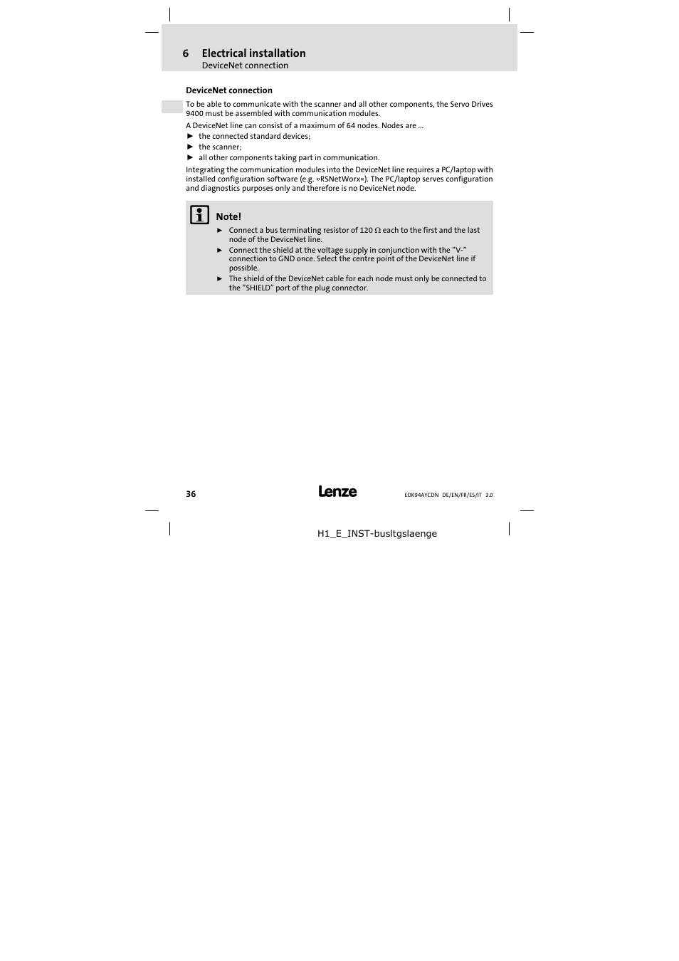 6 electrical installation, Devicenet connection, Electrical installation | Lenze E94AYCDN User Manual | Page 36 / 104