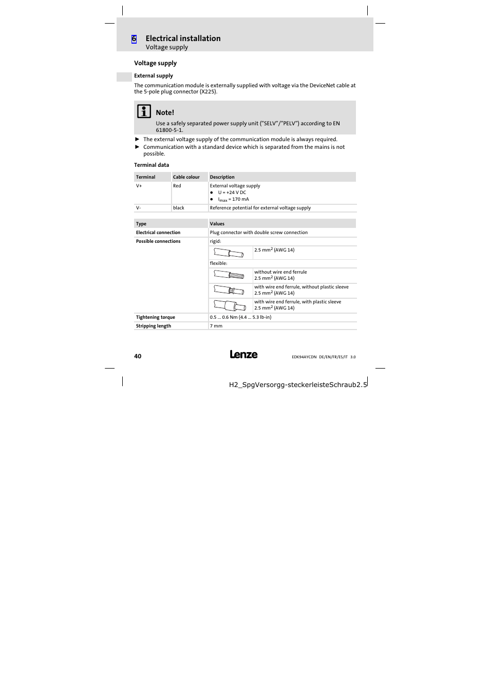 Voltage supply, Voltage supply 40, 6electrical installation | Lenze E94AYCDN User Manual | Page 40 / 104