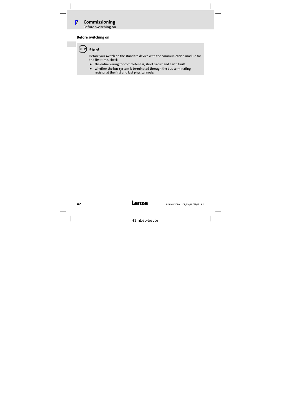 Before switching on | Lenze E94AYCDN User Manual | Page 42 / 104