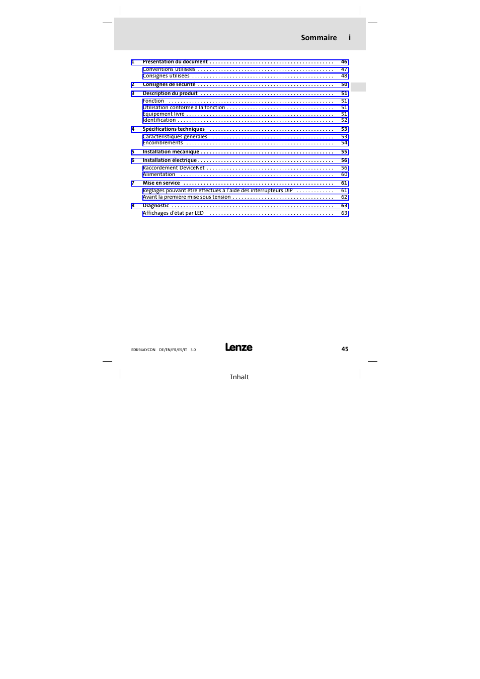 Sommaire, Sommaire i | Lenze E94AYCDN User Manual | Page 45 / 104