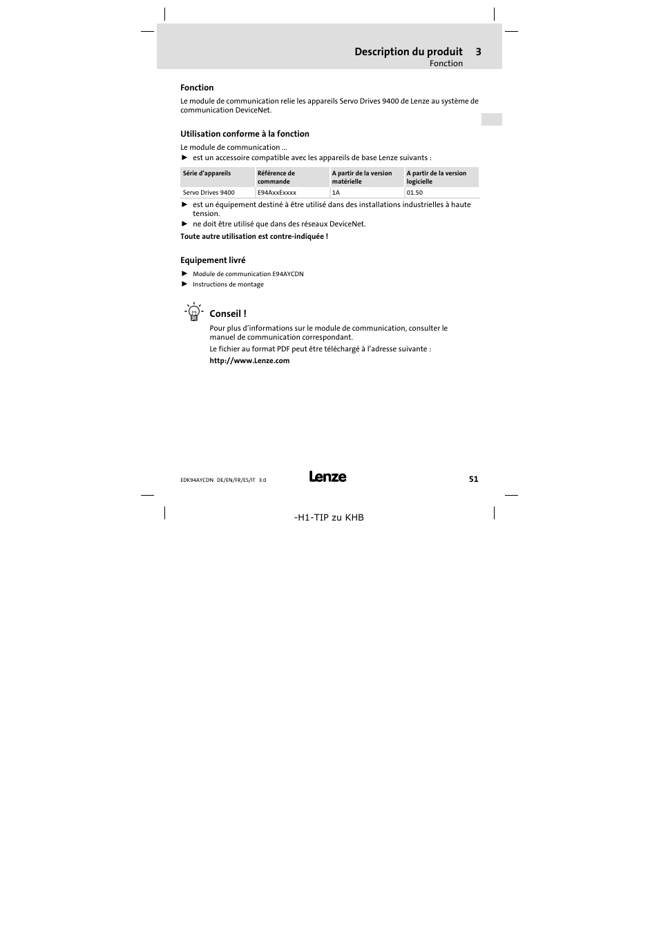 3 description du produit, Fonction, Utilisation conforme à la fonction | Equipement livré, Description du produit, Fonction 51 | Lenze E94AYCDN User Manual | Page 51 / 104