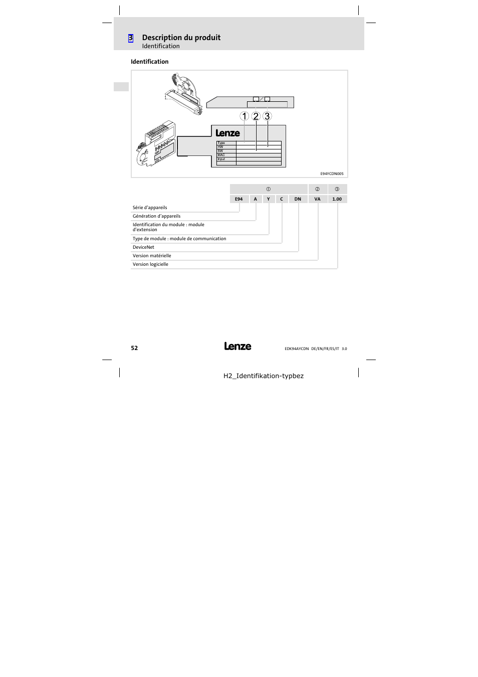 Identification, 3description du produit | Lenze E94AYCDN User Manual | Page 52 / 104