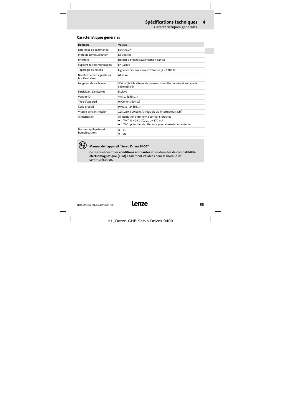 4 spécifications techniques, Caractéristiques générales, Spécifications techniques | Lenze E94AYCDN User Manual | Page 53 / 104