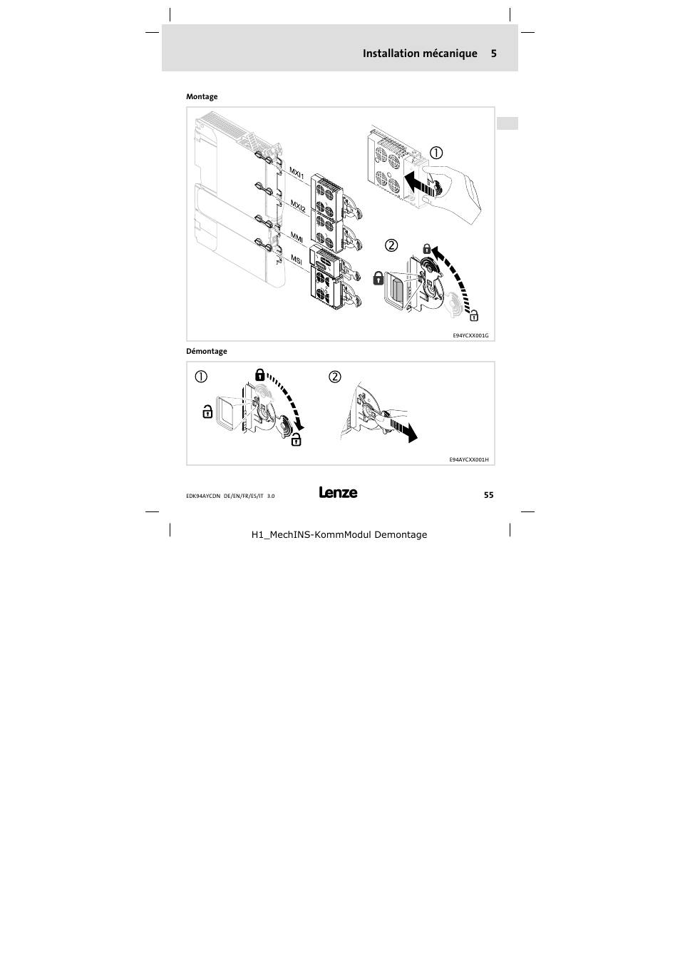 5 installation mécanique, Installation mécanique | Lenze E94AYCDN User Manual | Page 55 / 104