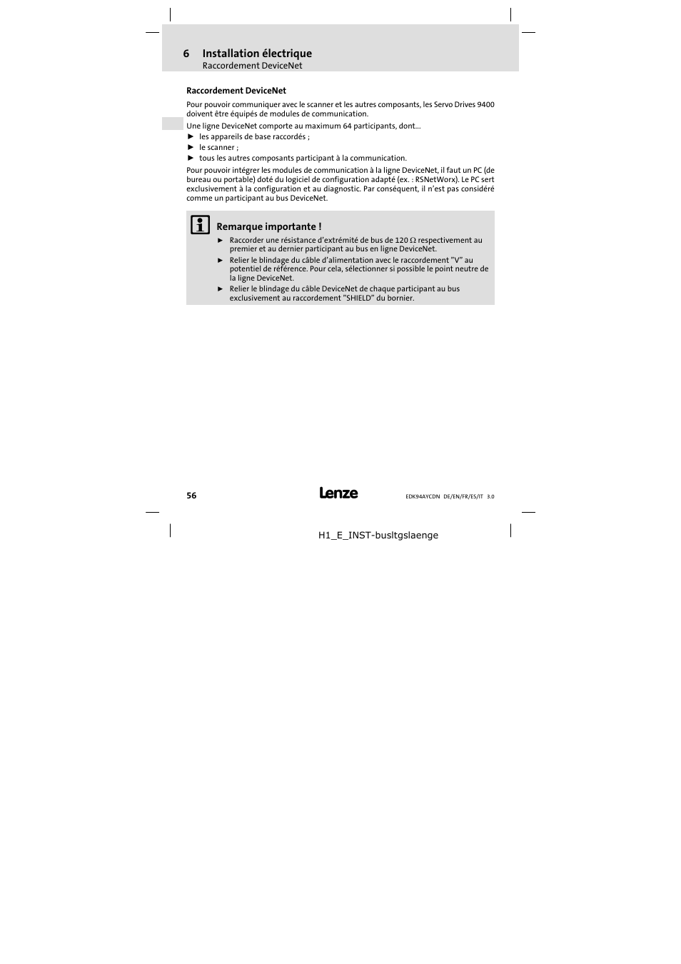 6 installation électrique, Raccordement devicenet, Installation électrique | Lenze E94AYCDN User Manual | Page 56 / 104
