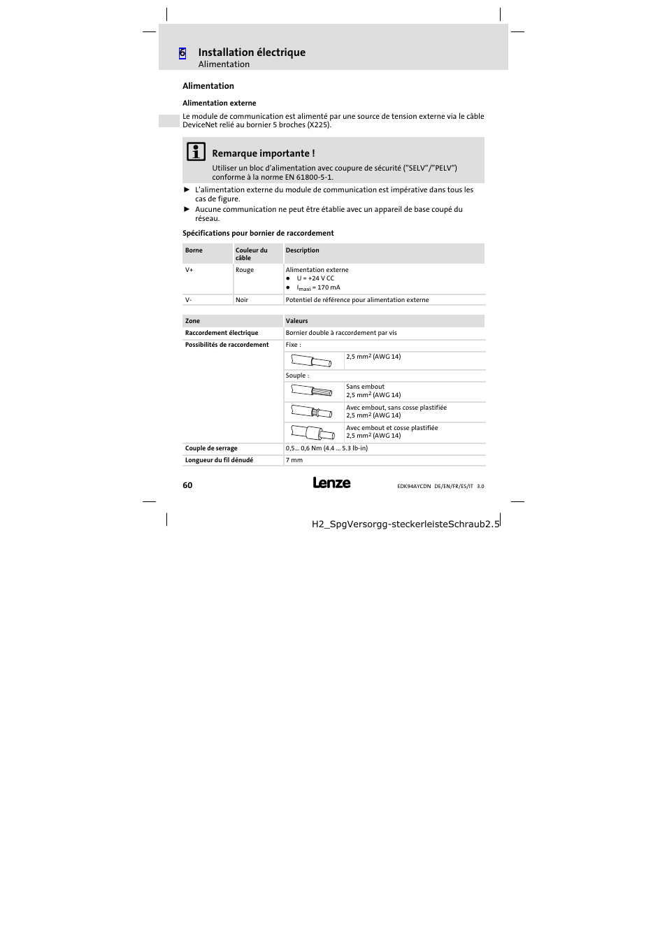 Alimentation, 6installation électrique, Remarque importante | Lenze E94AYCDN User Manual | Page 60 / 104