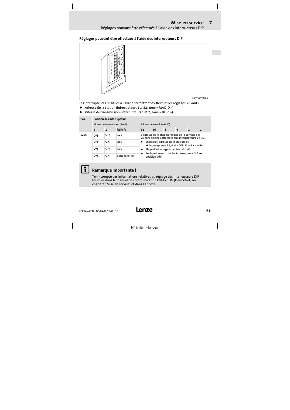 7 mise en service, Mise en service, Remarque importante | Lenze E94AYCDN User Manual | Page 61 / 104
