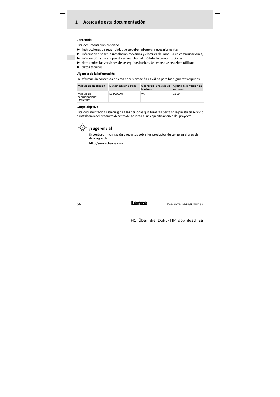 1 acerca de esta documentación, Acerca de esta documentación, 1acerca de esta documentación | Lenze E94AYCDN User Manual | Page 66 / 104
