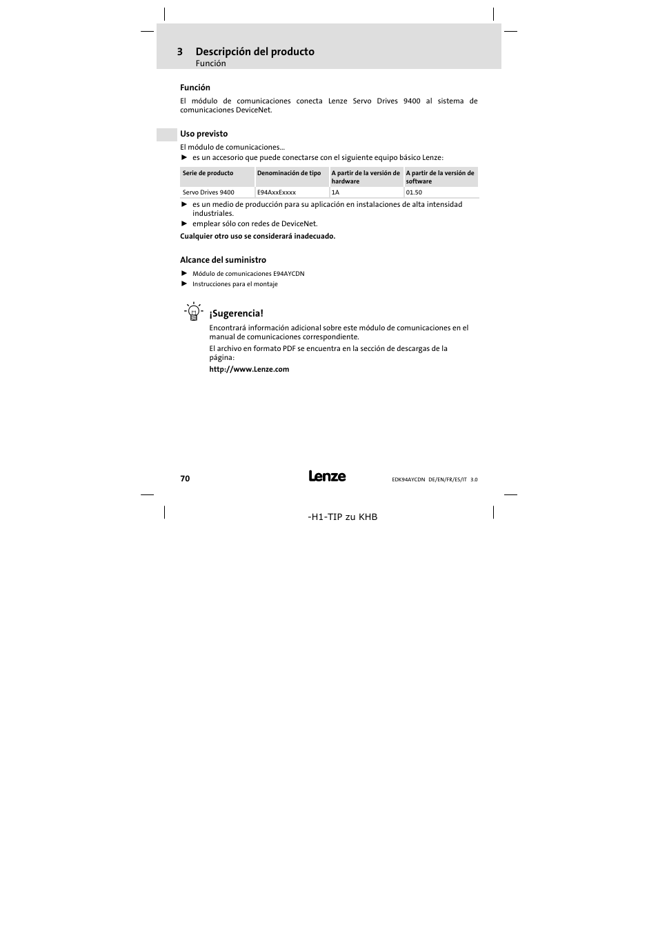 3 descripción del producto, Función, Uso previsto | Alcance del suministro, Descripción del producto, 3descripción del producto | Lenze E94AYCDN User Manual | Page 70 / 104