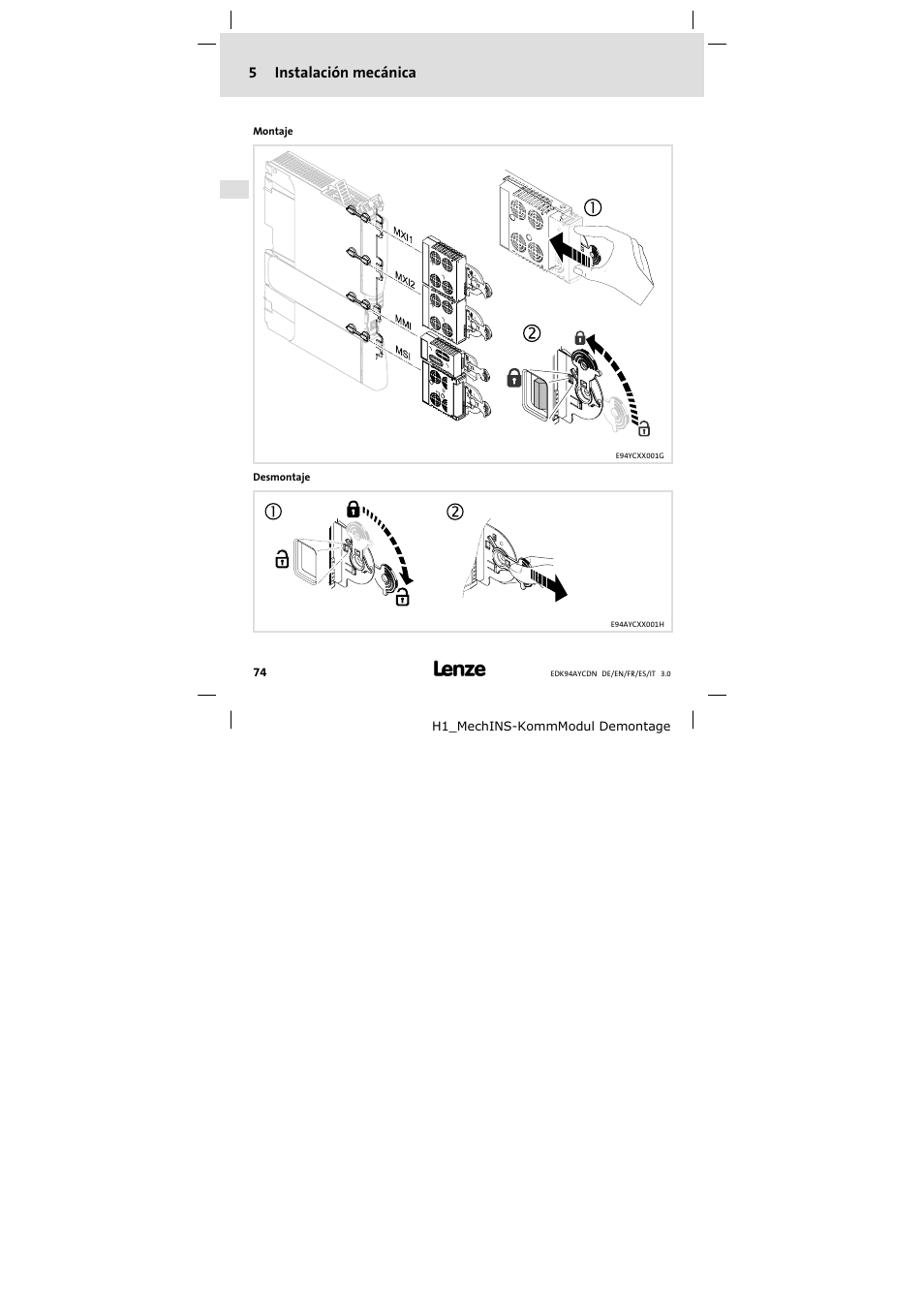 5 instalación mecánica, Instalación mecánica | Lenze E94AYCDN User Manual | Page 74 / 104