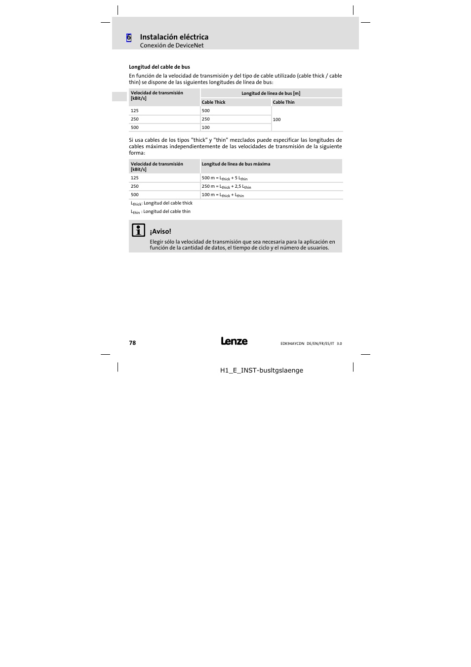 6instalación eléctrica, Aviso | Lenze E94AYCDN User Manual | Page 78 / 104