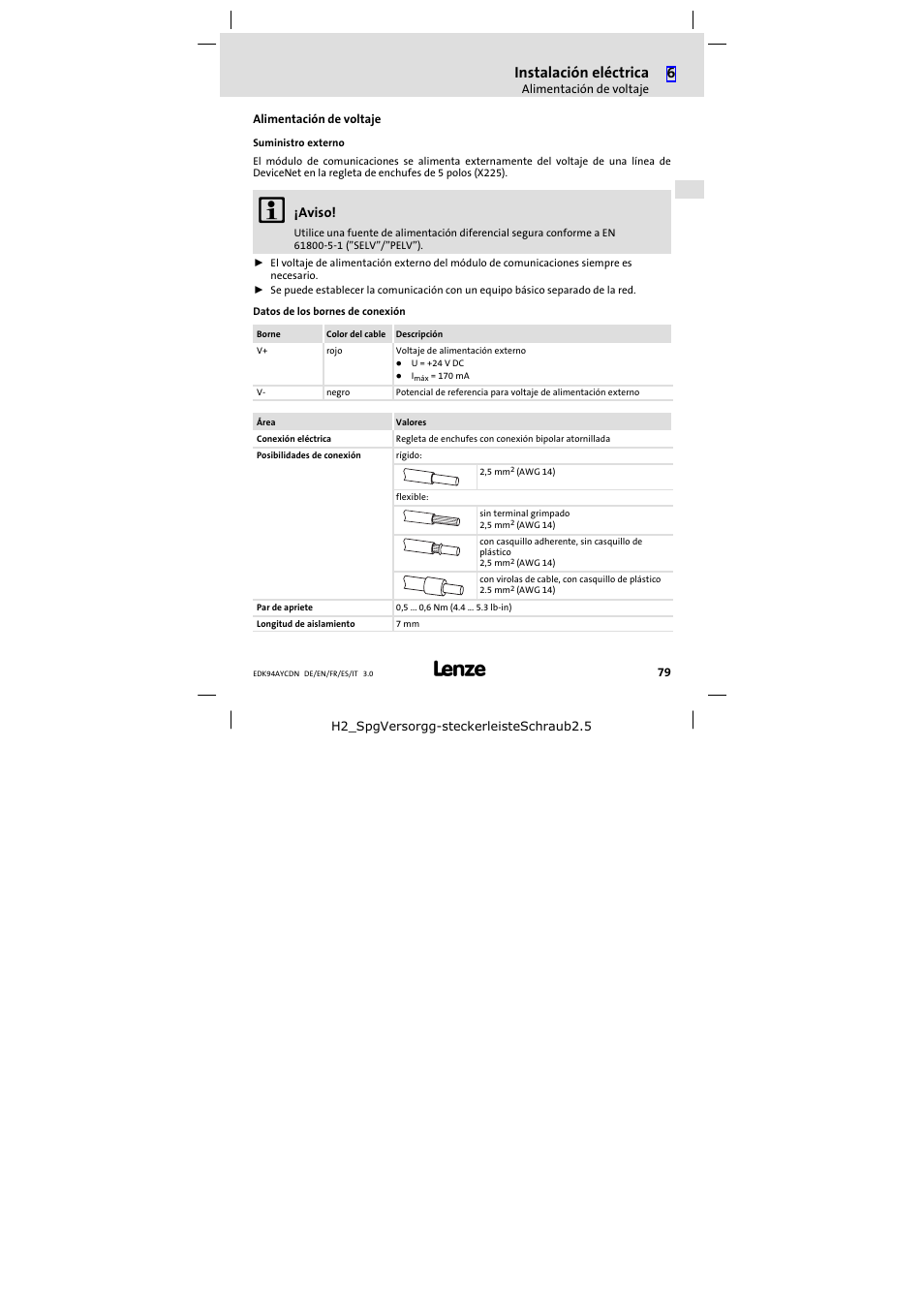 Alimentación de voltaje, Instalación eléctrica, Aviso | Lenze E94AYCDN User Manual | Page 79 / 104