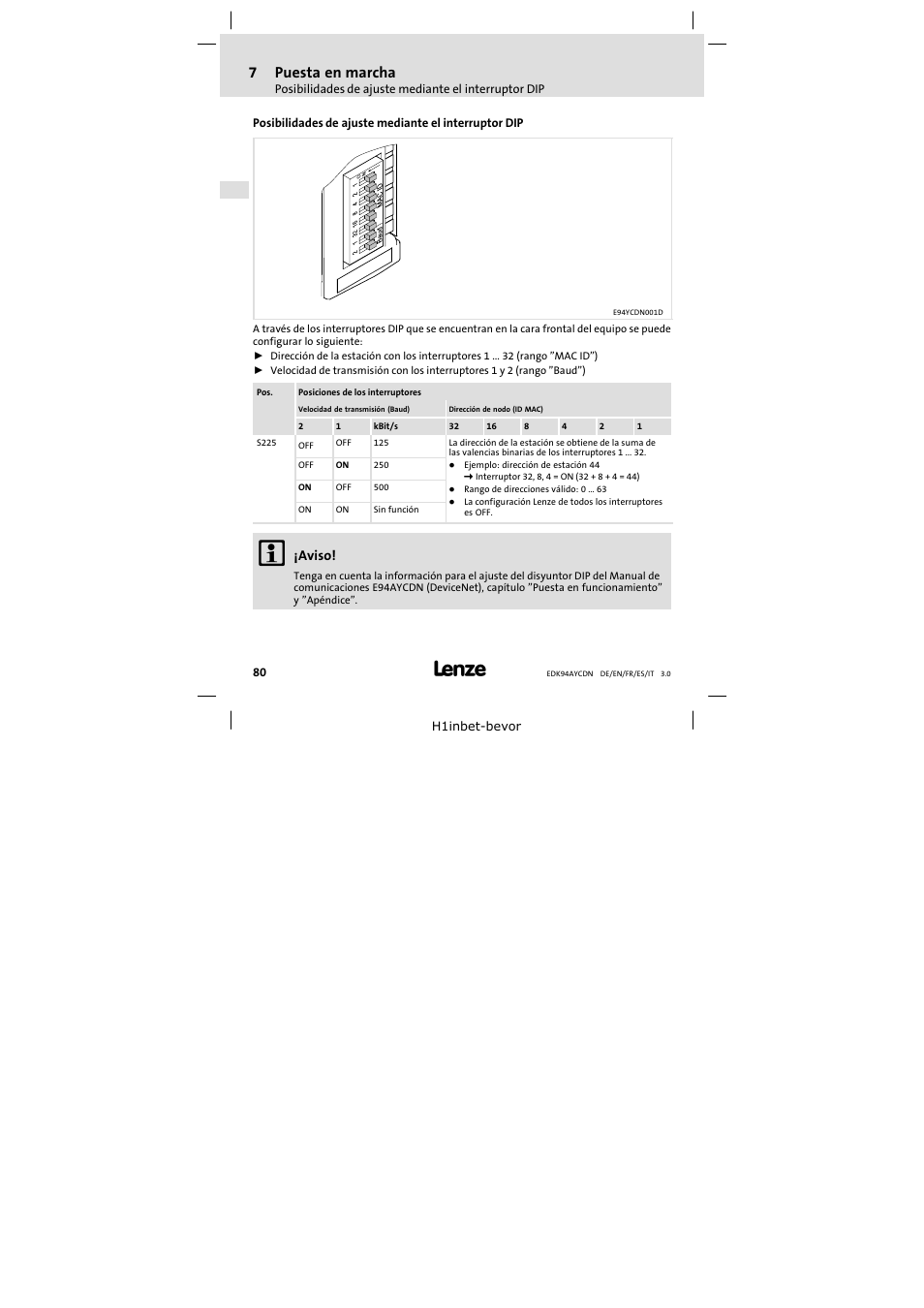 7 puesta en marcha, Puesta en marcha, 7puesta en marcha | Aviso | Lenze E94AYCDN User Manual | Page 80 / 104