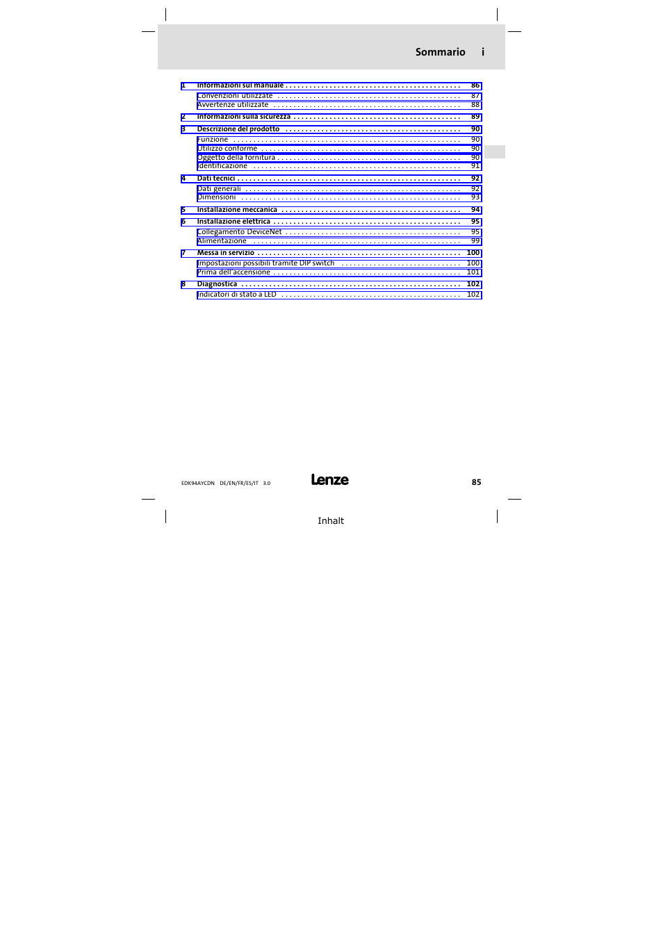 Lenze E94AYCDN User Manual | Page 85 / 104