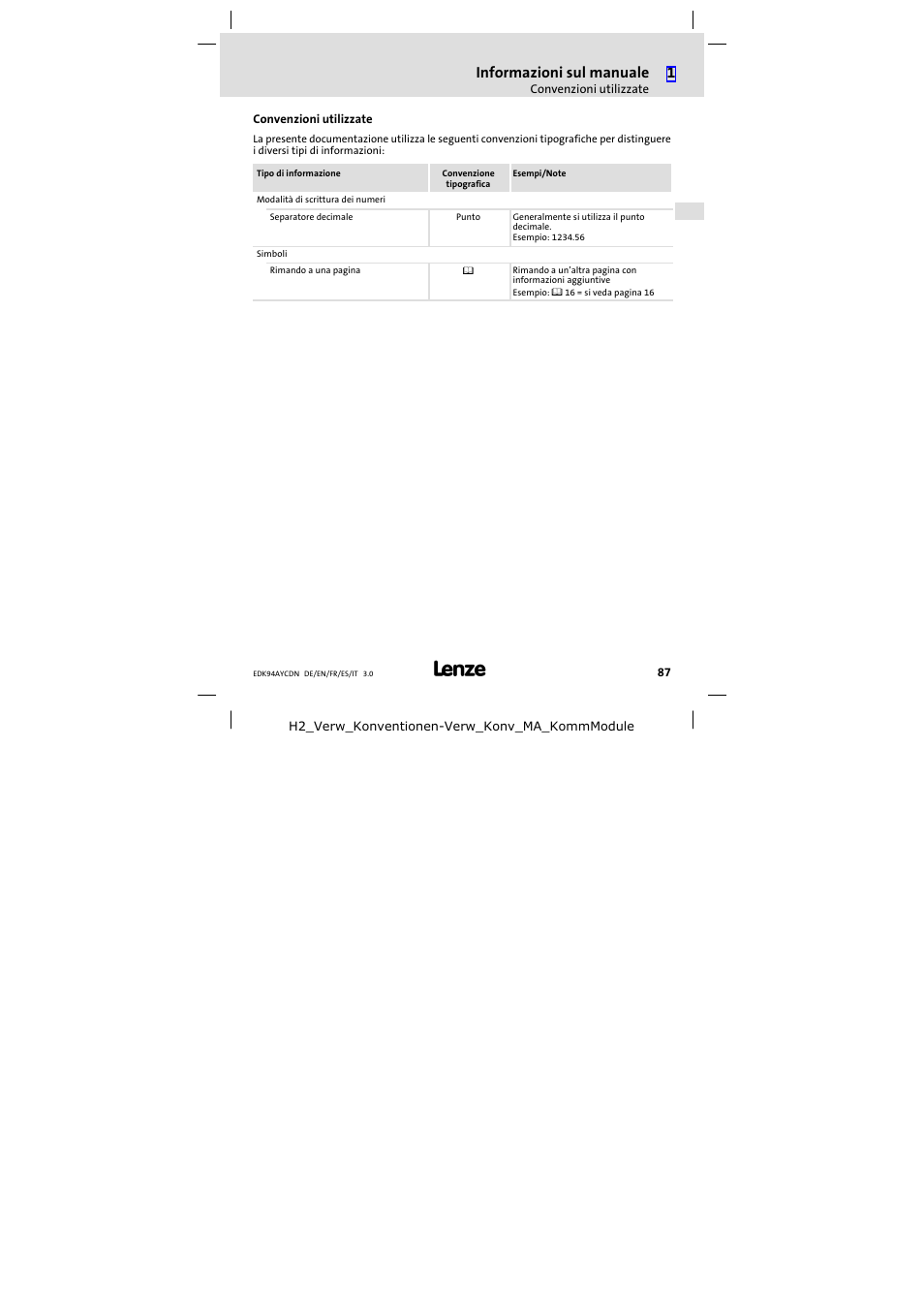 Convenzioni utilizzate, Informazioni sul manuale | Lenze E94AYCDN User Manual | Page 87 / 104