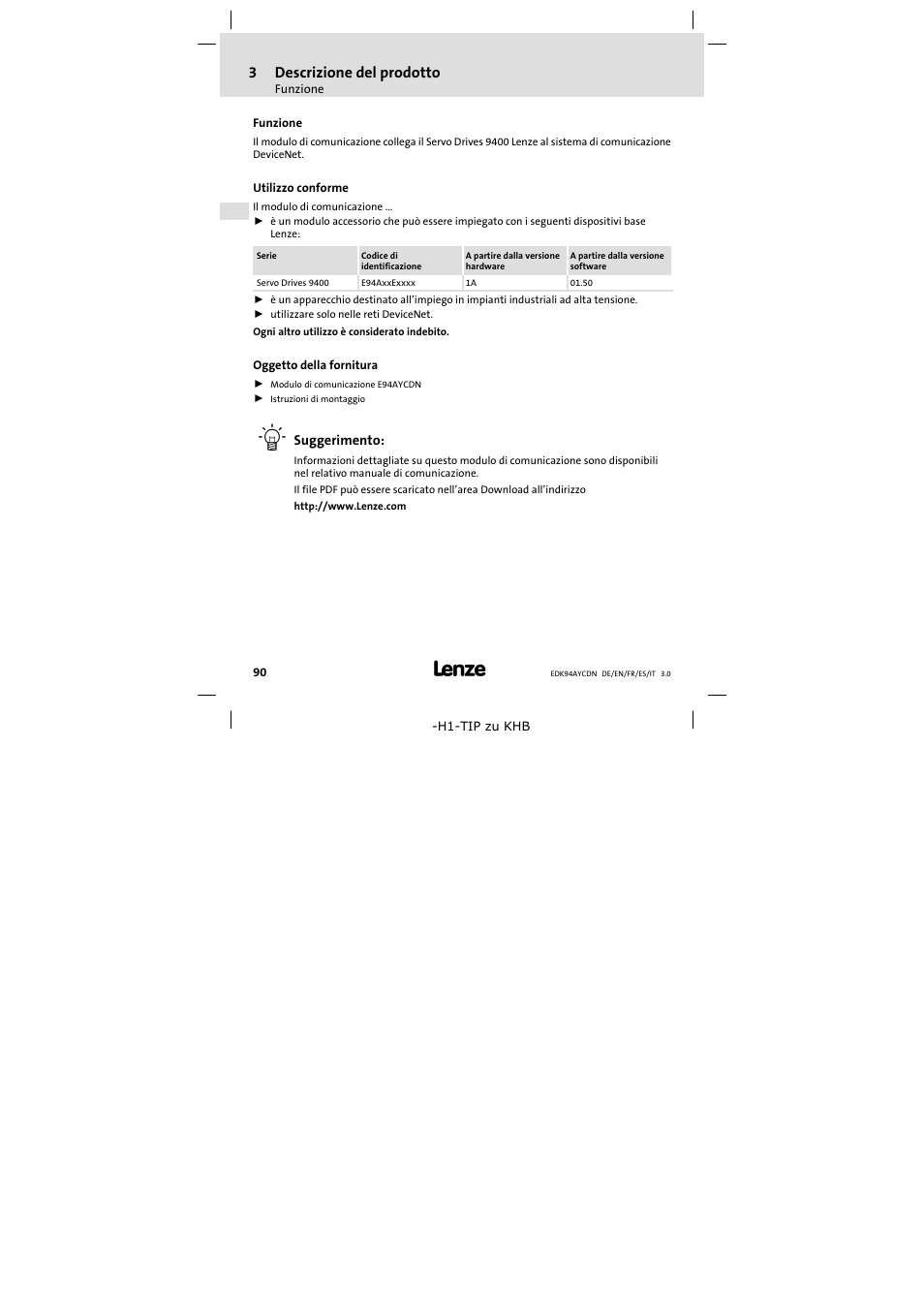 3 descrizione del prodotto, Funzione, Utilizzo conforme | Oggetto della fornitura, Descrizione del prodotto, 3descrizione del prodotto | Lenze E94AYCDN User Manual | Page 90 / 104