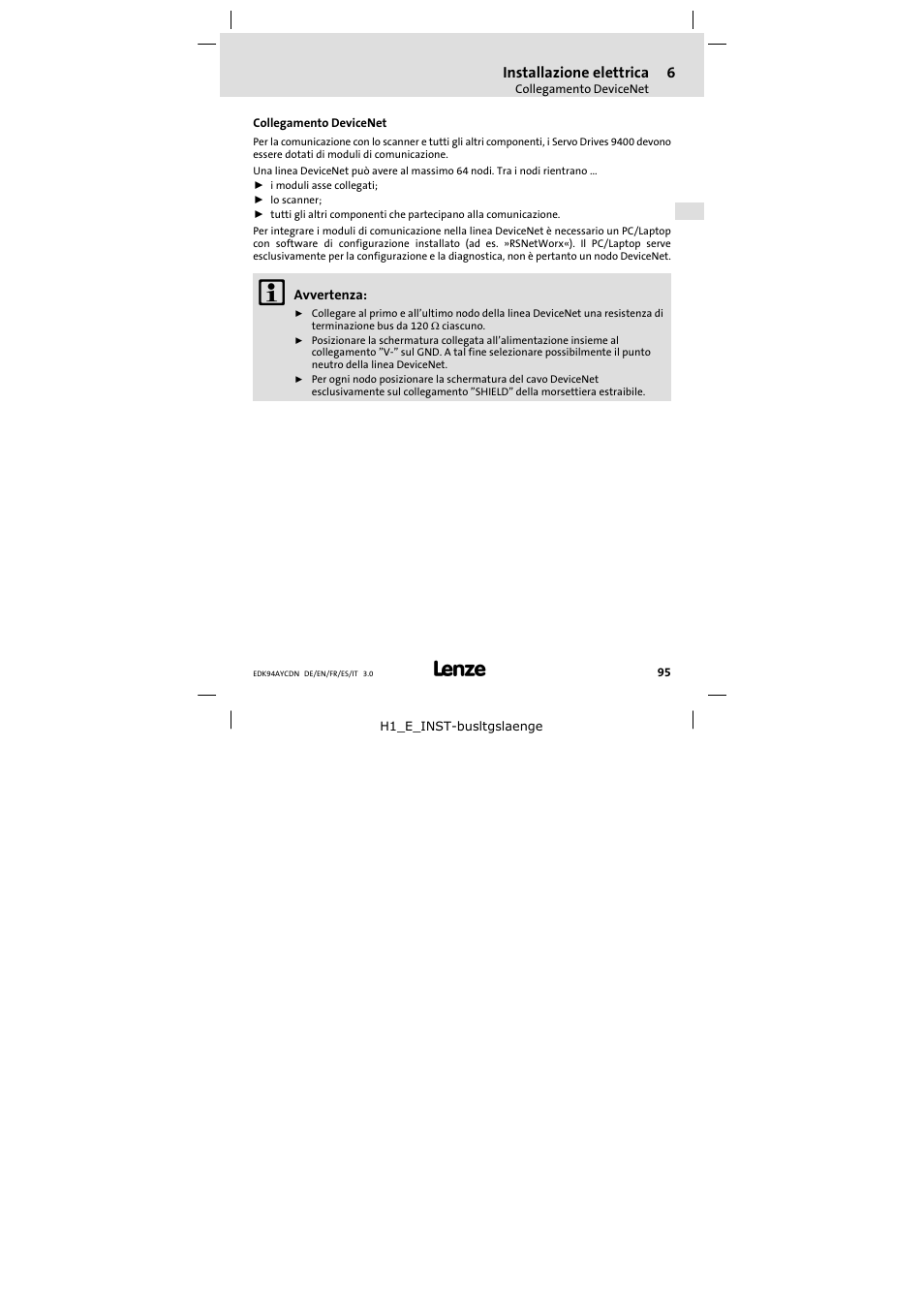 6 installazione elettrica, Collegamento devicenet, Installazione elettrica | Lenze E94AYCDN User Manual | Page 95 / 104
