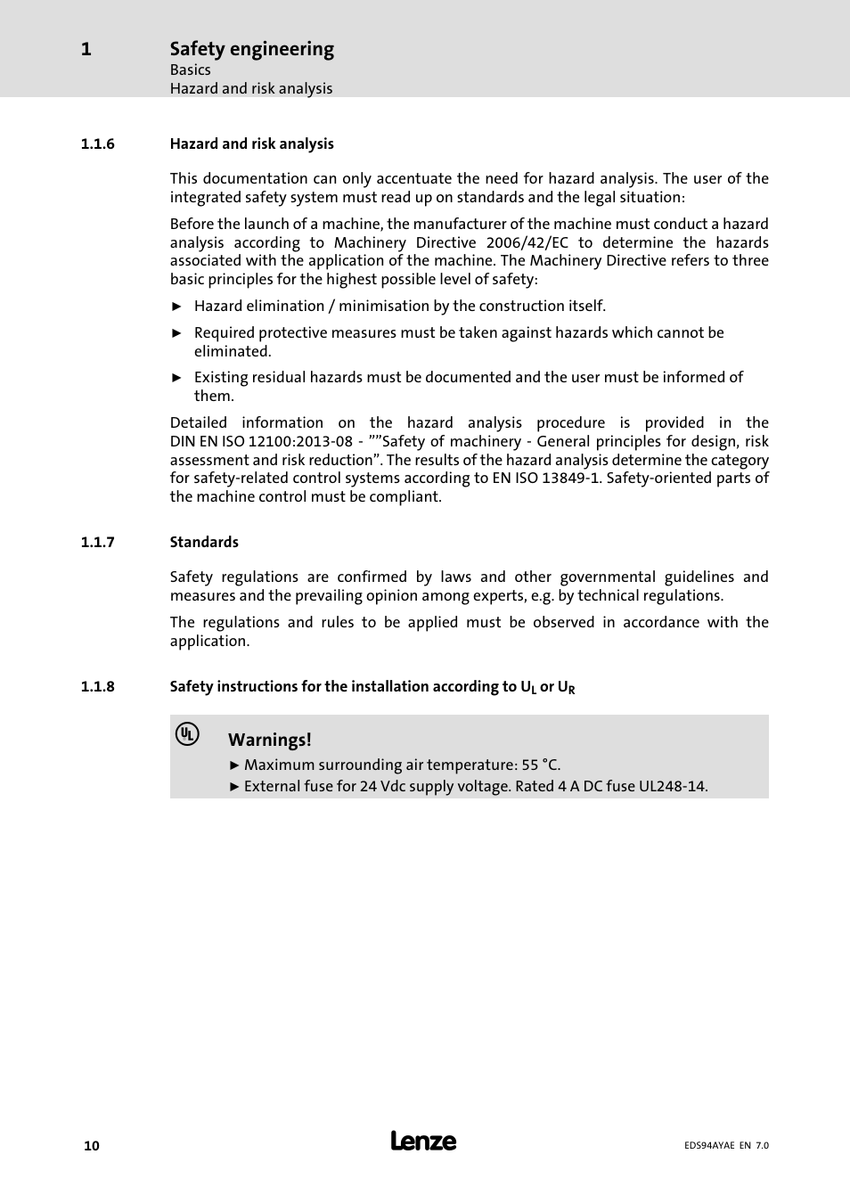 Hazard and risk analysis, Standards, Safety engineering | Lenze E94AYAE SM301 User Manual | Page 10 / 140